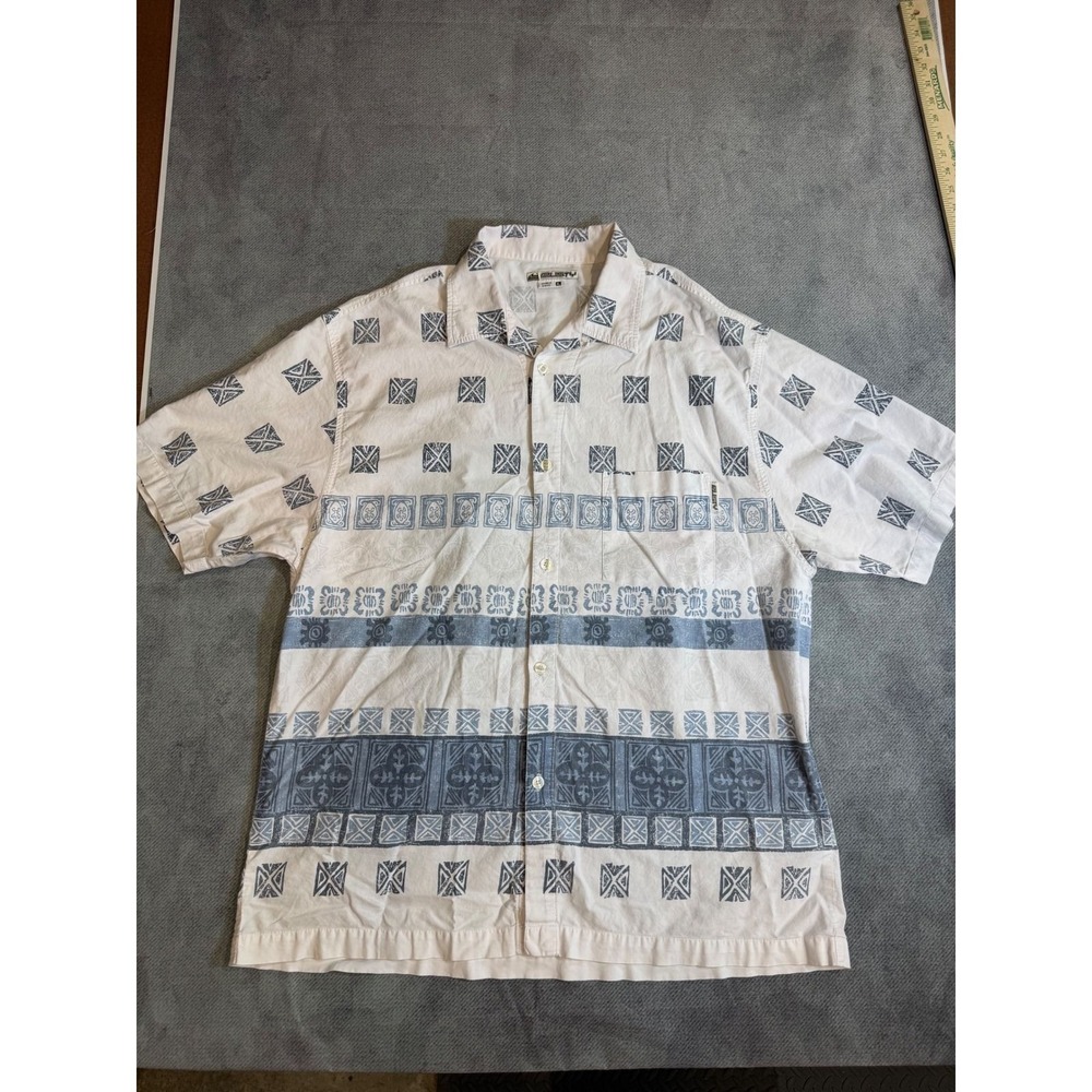 Vintage Rusty Mens XL Short Sleeve Button Up Shirt Blue White Tribal Surf Skate